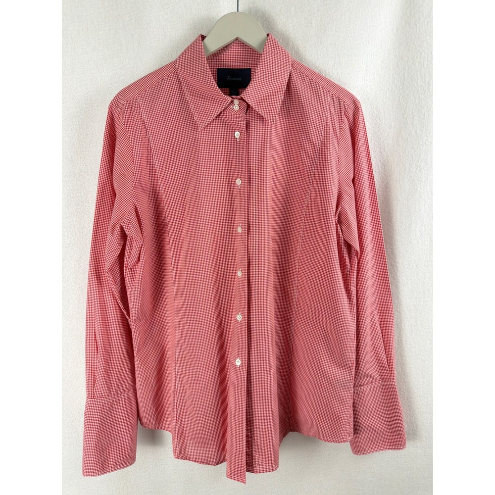 Faconnable Womens Red White Gingham Cotton Button Down Shirt Size 12 Long Sleeve